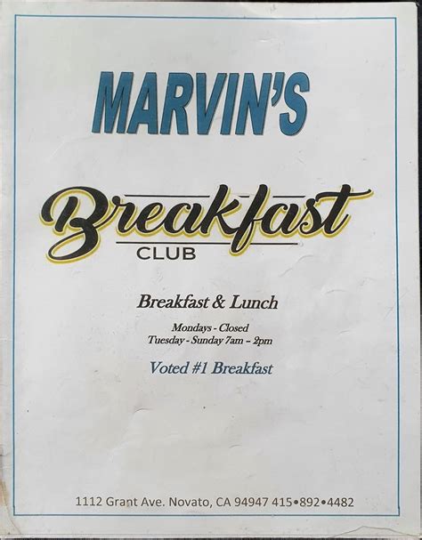 marvin's breakfast club menu|marvin's breakfast novato ca.